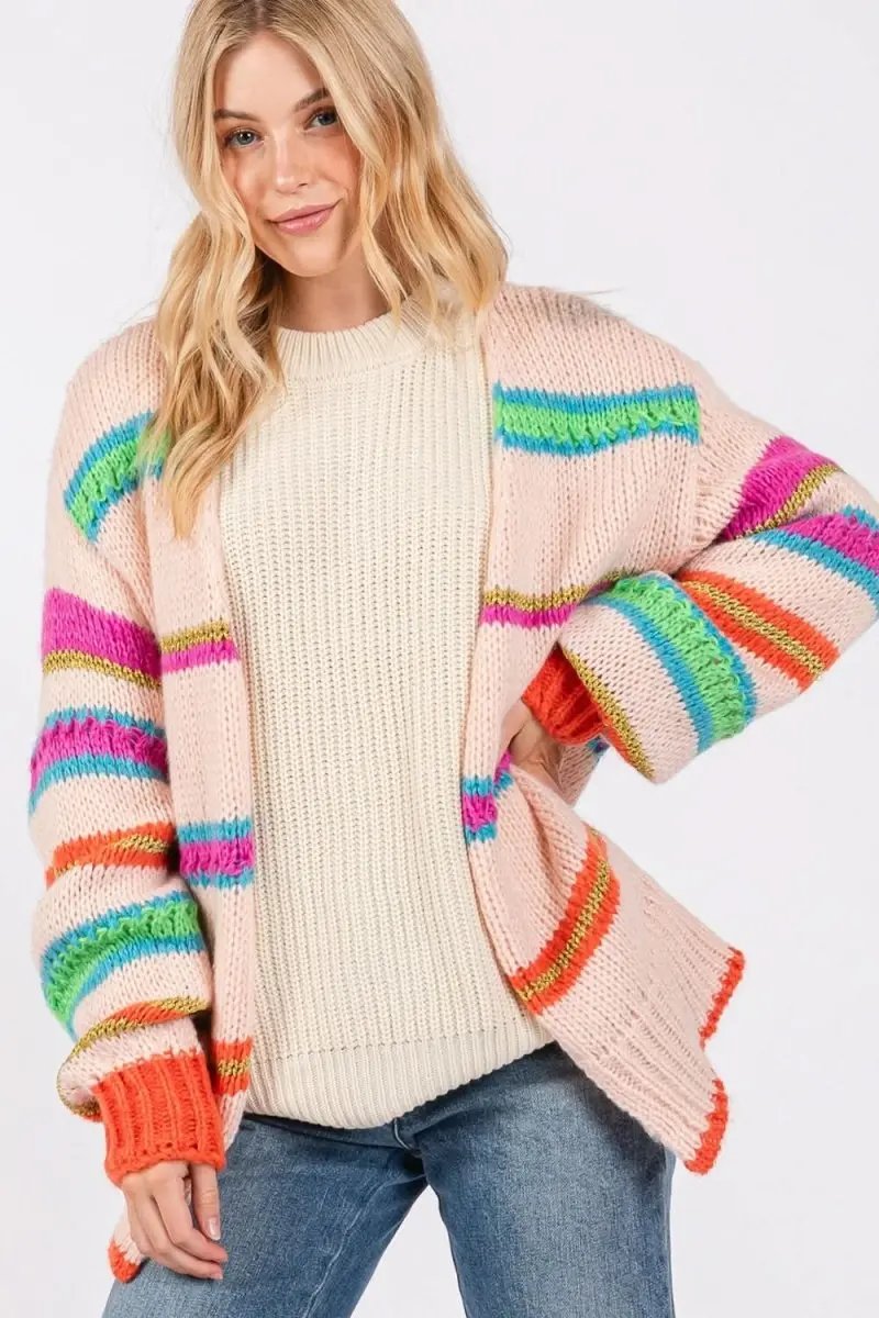 SAGE + FIG Rainbow Striped Open Front Knit Cardigan - Love Salve